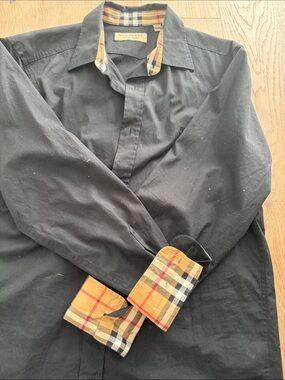 Burberry Black Shirt with Beige Check Collar and Cuffs